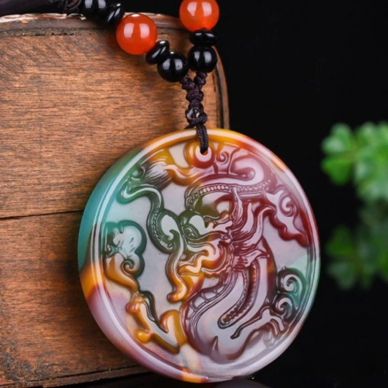 

Colorful Jade Circular Zodiac Dragon Tag Pendant for Men and Women's Longxing World Pendant
