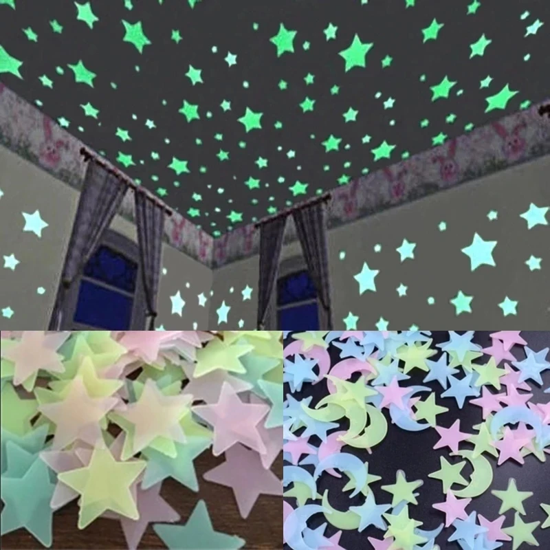 

100PCS 3D Star Moon Luminous Wall Sticker Energy Fluorescence Glows in the Dark Living Children Room Wall Decor Home Decoration