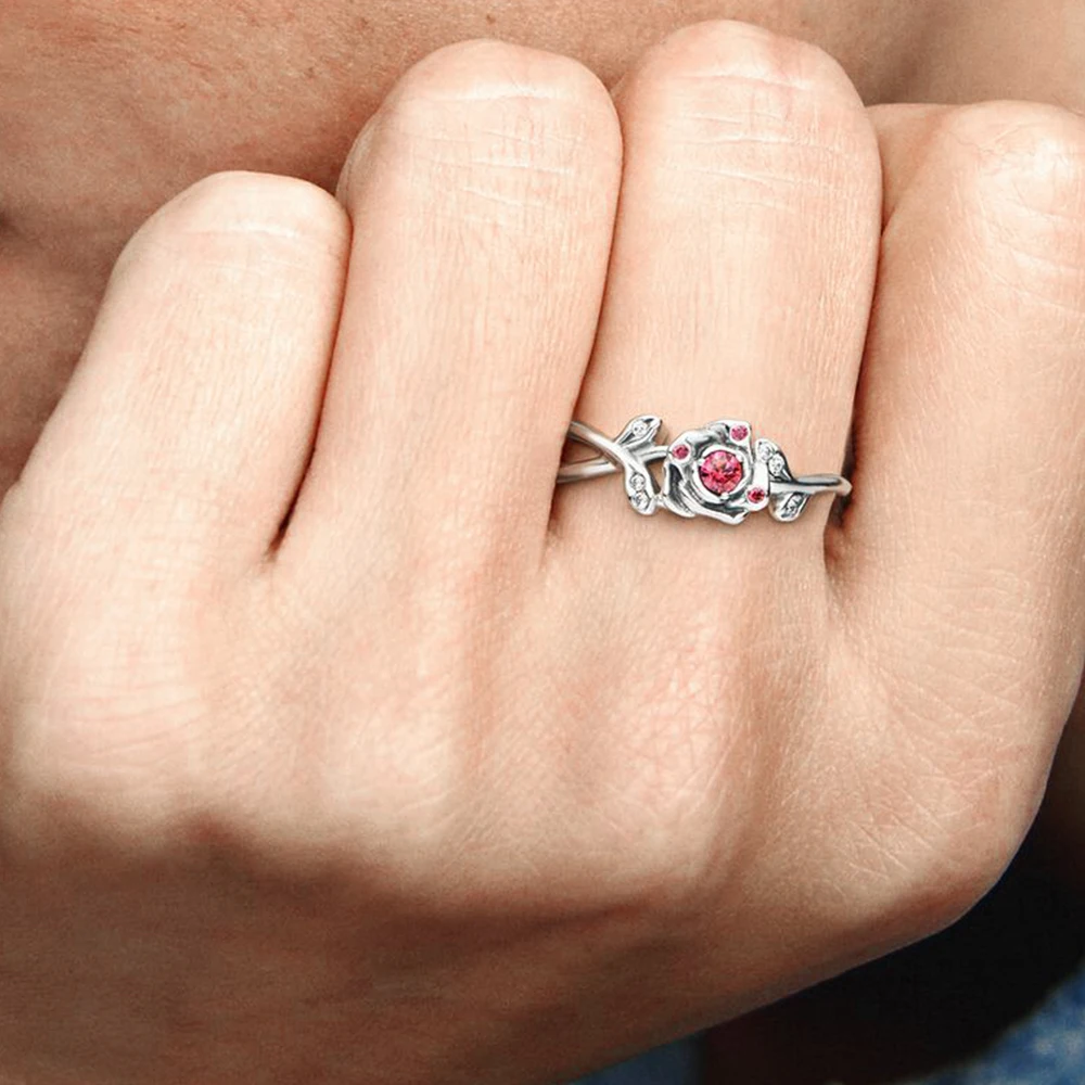 Bague fleur Pandora rouge grenade, bijoux romantiques doux, argent 925, thème beauté et la bête, vintage, pierre précieuse incrustée, rose