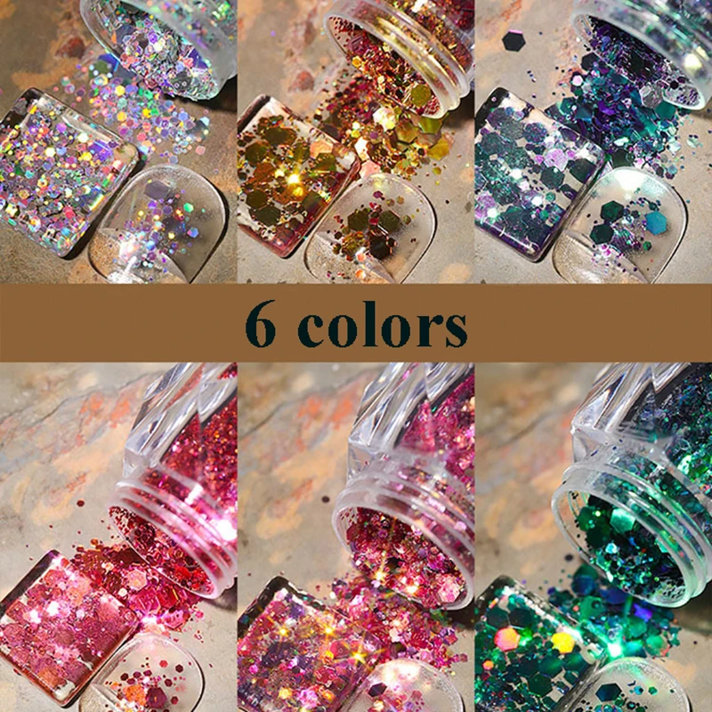 

6 Boxes Nail Art Holographic Laser Powder Chameleon Glitter Flakes Mermaid Hexagon Chunky Paillette Decorations For Manicure