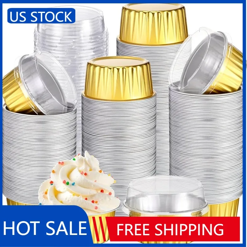 

Disposable Ramekins with Lids Aluminum Foil Baking Cups 5 oz Mini Cupcake Liners Creme Muffin Pans Mold Dessert Tin Container
