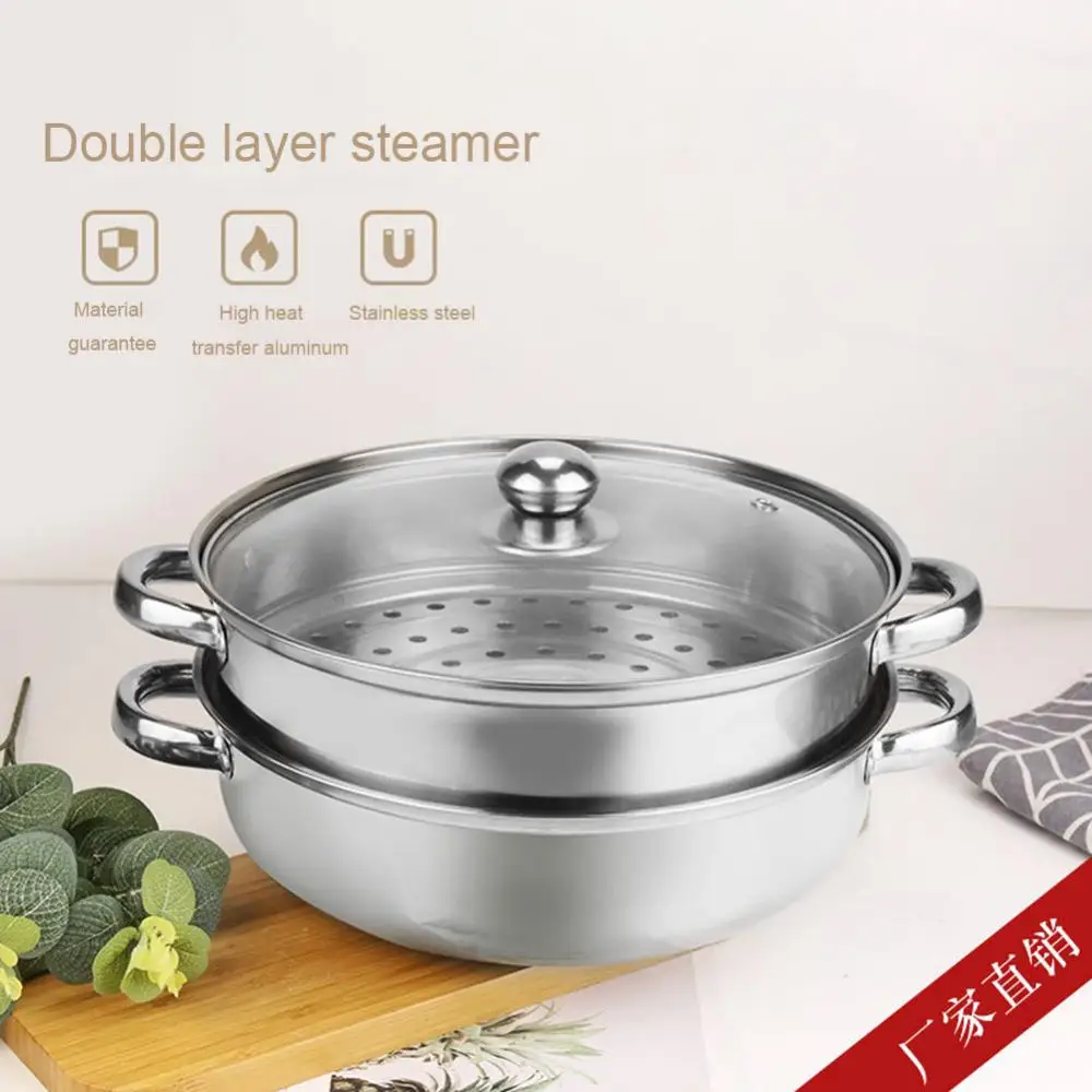

Stainless Steel 28cm 2-Layer Steamer Kitchen Boiling Soup Steaming Pot with Lid