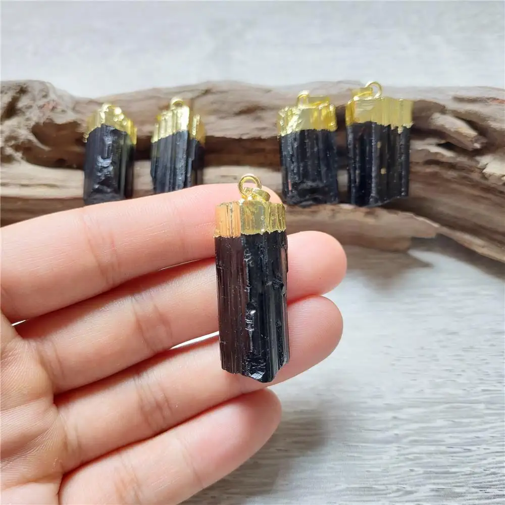 Подвеска FUWO из натурального черного турмалина позолоченная оригинальная