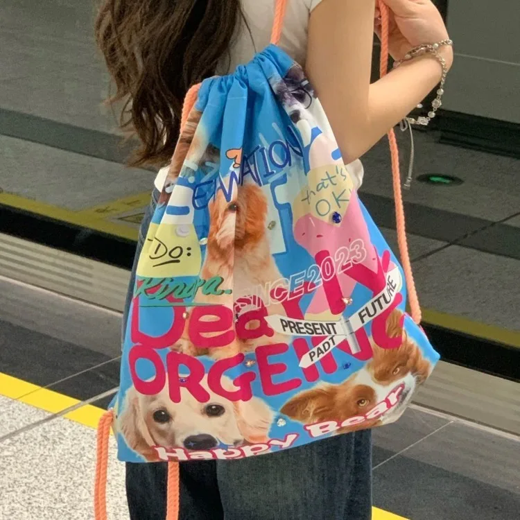 

2023 Trend New Kawaii Dog Print Backpacks Large Capacity Canvas Bags Women Y2k E-Girl Ruched Drawstring School Bookbag