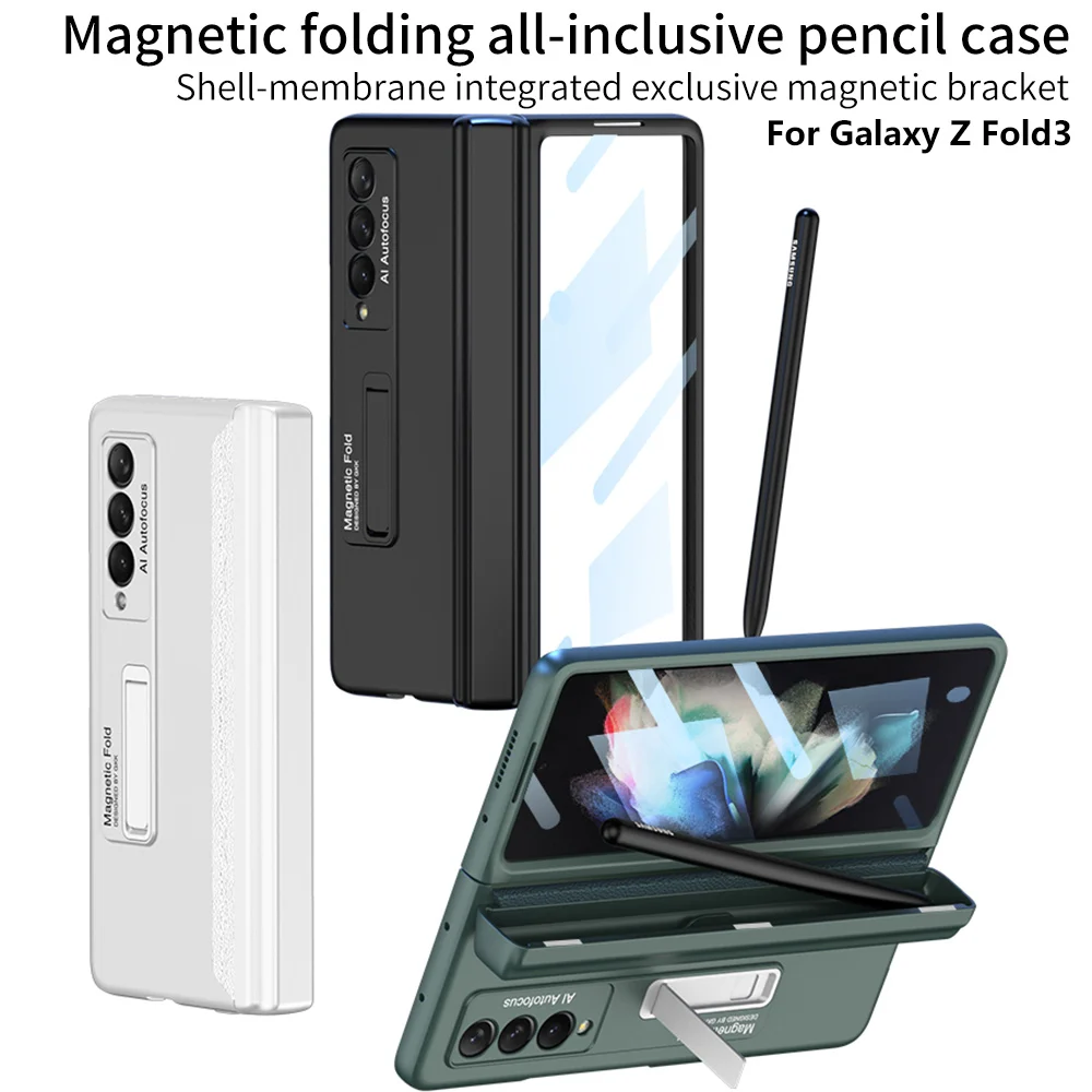 Solid Color PC Hard Case For Samsung Galaxy Z Fold 3 5G Phone Case With Pen Tray Luxury Magnetic Hinge film stand case for fold3