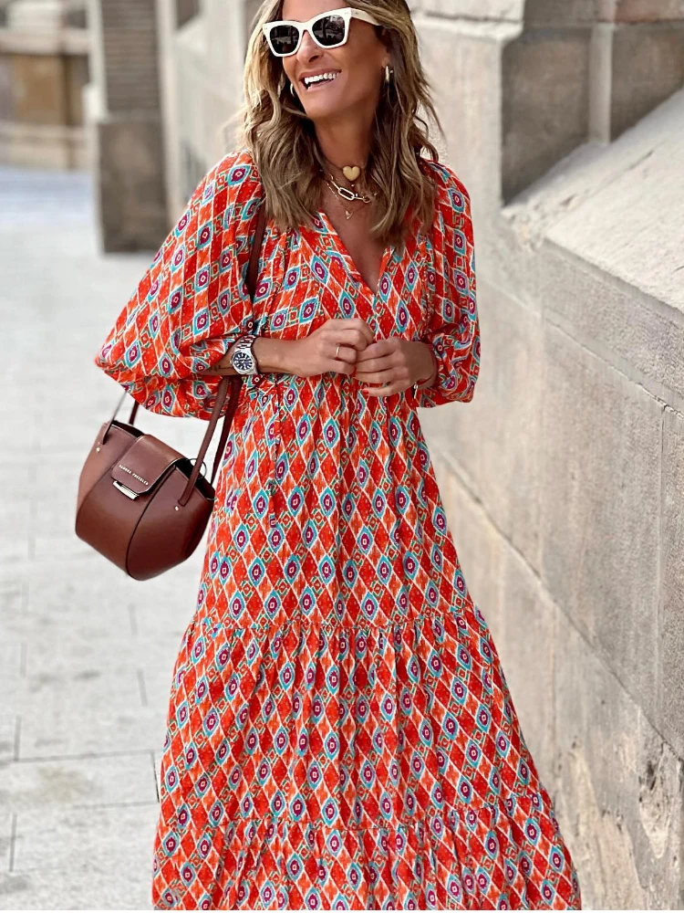 

Summer Printed Long Dress Women Casual Boho Maxi Beach Dress Female Puff Short Sleeve Loose Elegant Dress Fashion Floral Dress