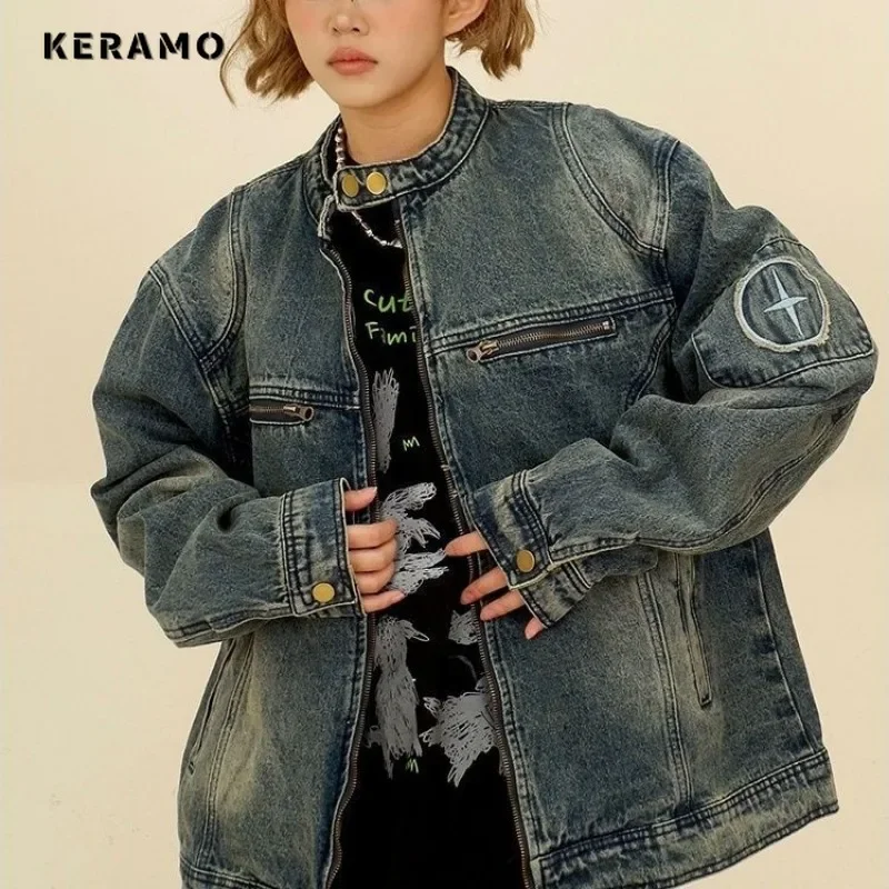 Женская джинсовая куртка на молнии Повседневная Свободная синяя с круглым