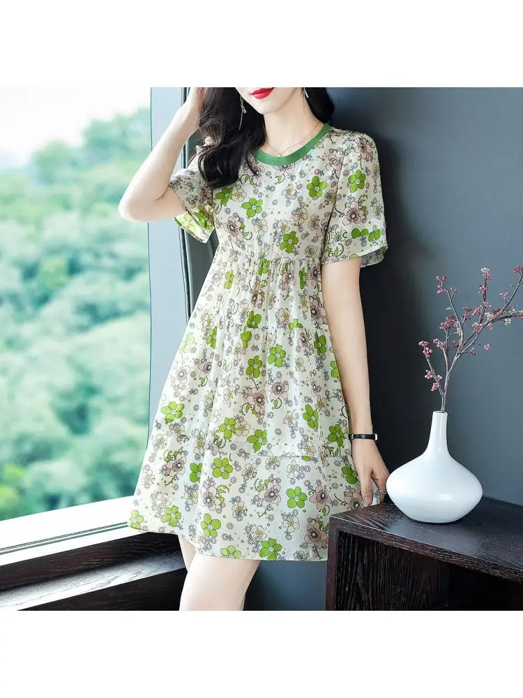 

Женское платье с круглым вырезом, свободное зеленое платье из шелка тутового шелкопряда с короткими рукавами, высокой талией и цветочным пр...