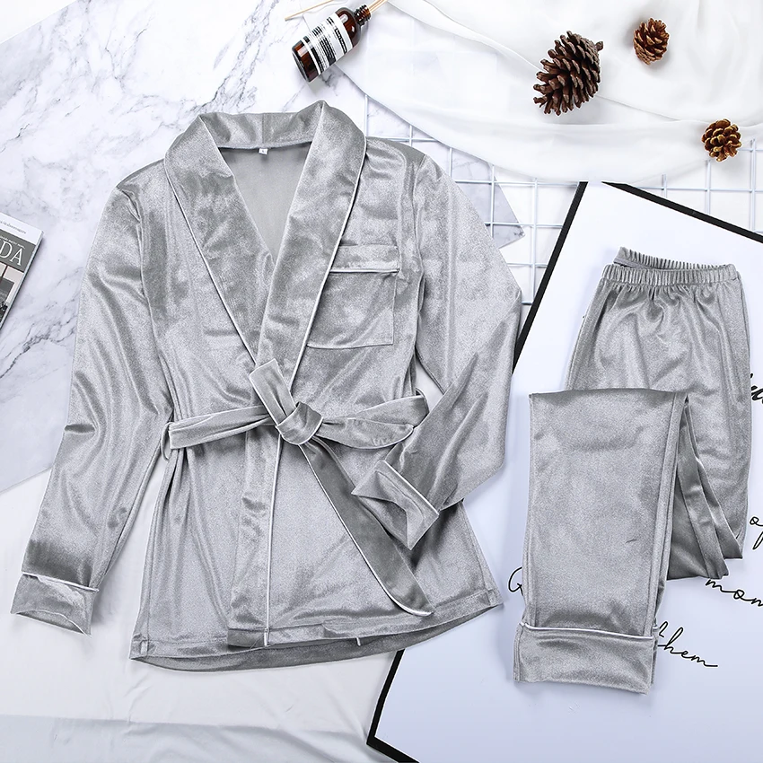 

Set Women Suit Sets Set Piece Pajamas Velvet Sleepwear Warm Long Two Home Thick Female HECHAN For Gray Sleeve Night Suit Autumn