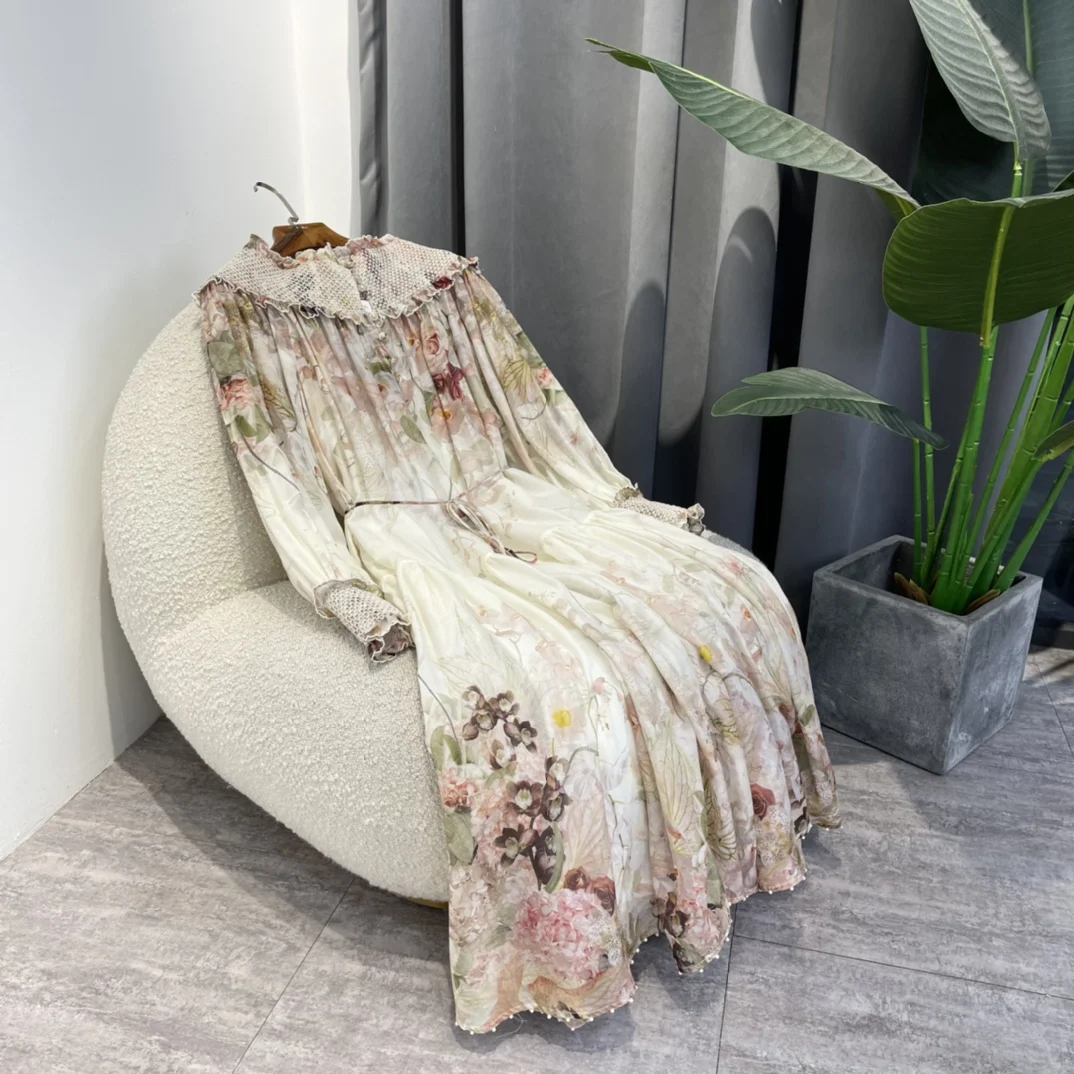 

Pink Floral Print Cotton Silk Dresses Off The Shoulder Waist Slim 2022 New Summer High Quality Vintage Ladies Clothing
