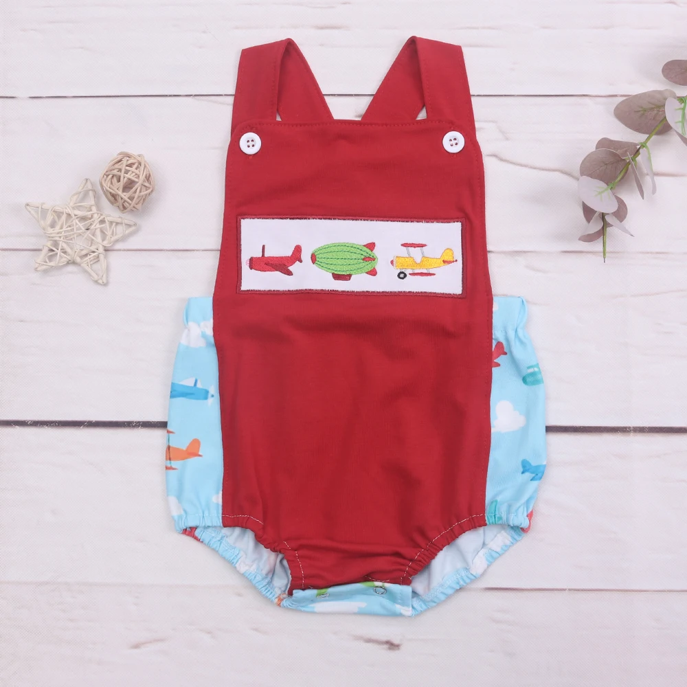 

0-3T Summer Boy Clothes Sleeveless Red Romper With Cartoon Planes Pattern Embroidery Toddler Infants One-piece Bodysuit Boutique