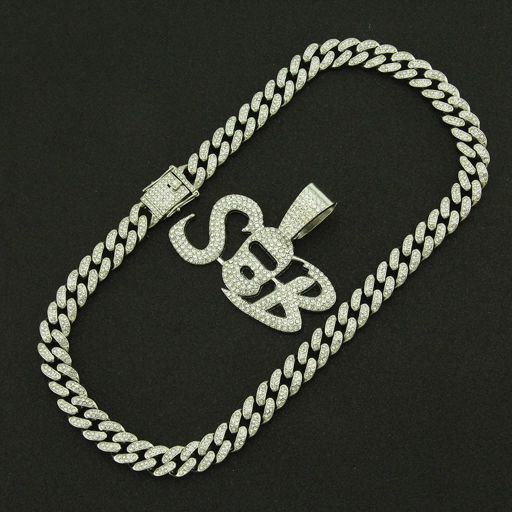 

Hip Hop Iced Out Cuban Chains Bling Diamond Rhinestone Letter Pendants Mens Necklace Gold Rapper Club Jewelry for Women Choker