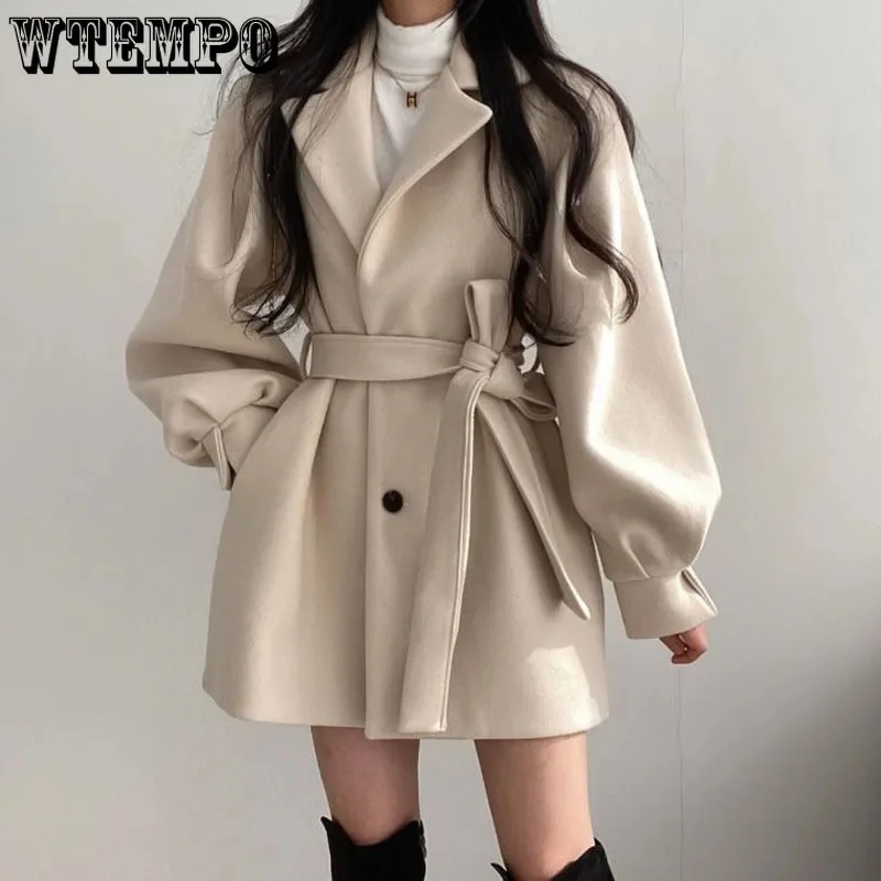 

Верхняя одежда средней длины, шерстяное пальто с воротником, женская зимняя куртка с поясом, нишевое винтажное свободное модное пальто, однотонные тренчи