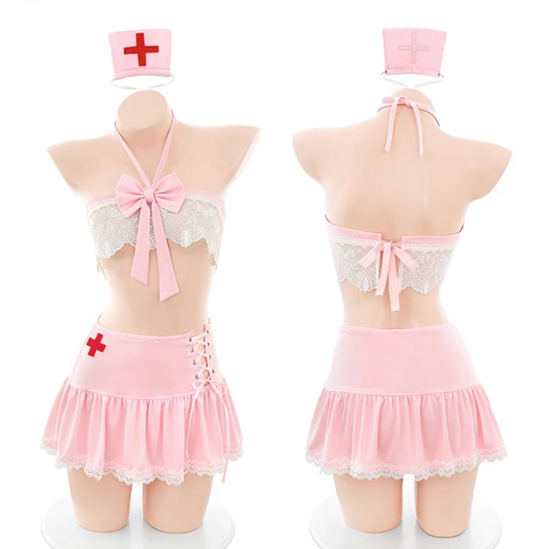 

Anime Cute Pink Nurse Uniform Cosplay Costume Sweet Two Piece Set Women Underwear Nightgown Lace Role Play Lingerie Outfits