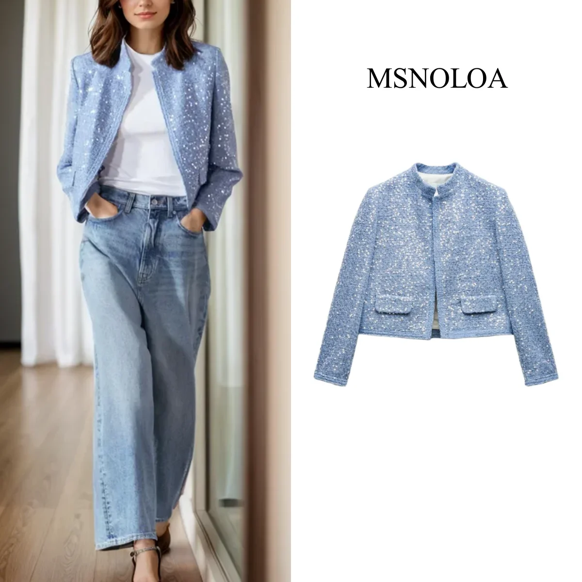 Женская короткая весенняя куртка с пайетками и аппликацией