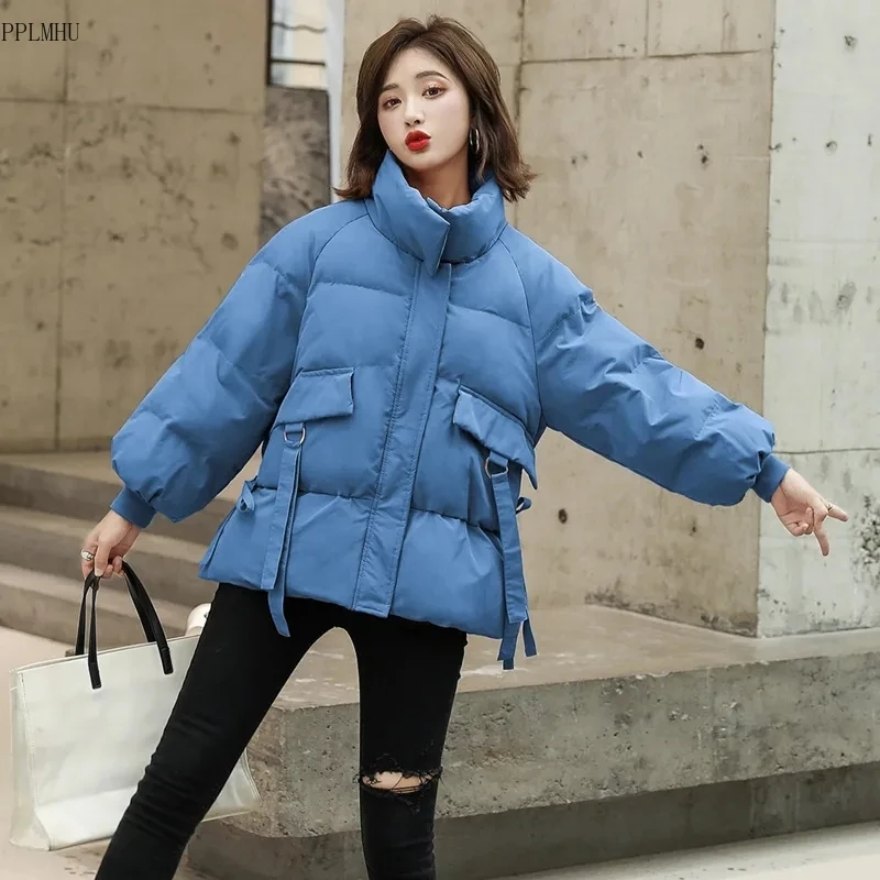 

Elegant Stand Collar Zipper Short Coat Winter Thick Streetwear Parkas Outerwear Korean Fashion Loose Cotton Padded Jacket Women