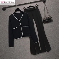new 2022 spring elegant womens pants set knitted hollow out long sleeve t shirt wide leg trousers two piece commuter set