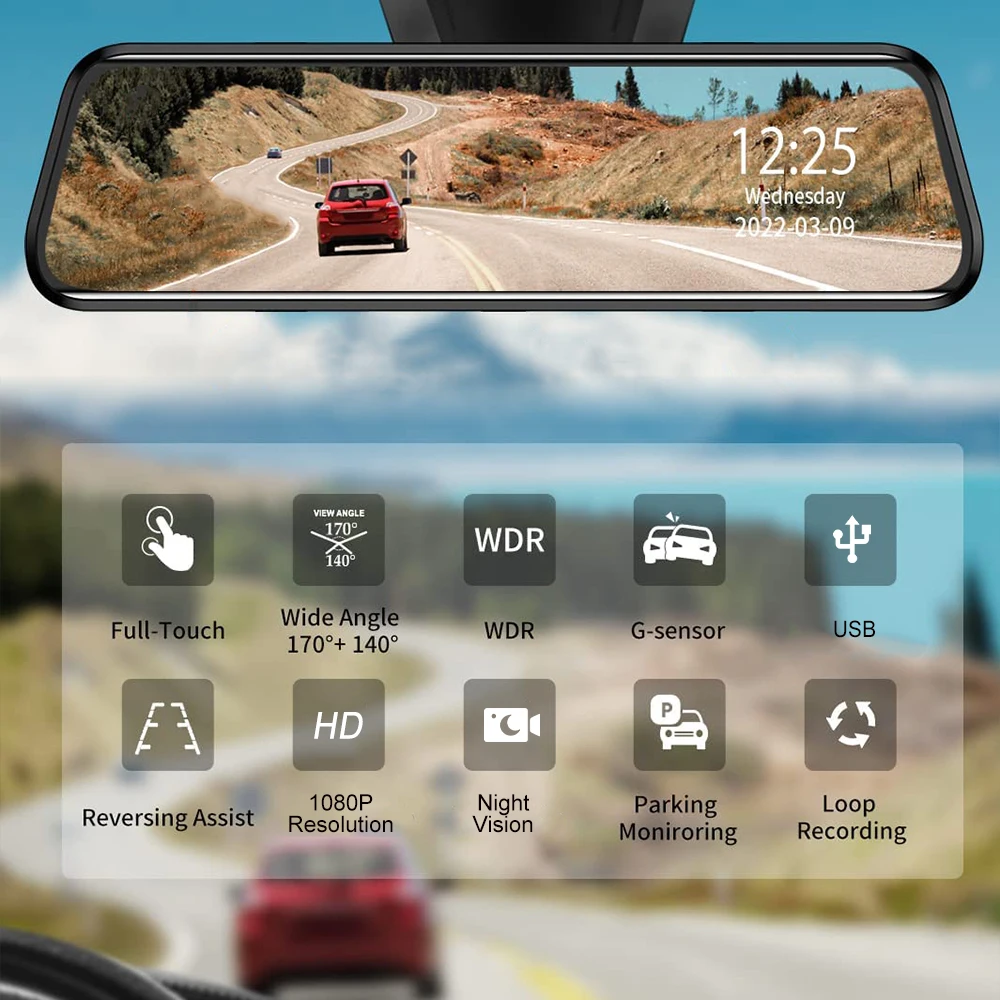Car DVR 10 Inch Touch Screen 1080P FHD Double USB Rearview Mirror For Auto RecorderDash Cam Dual Lens Night Vision |