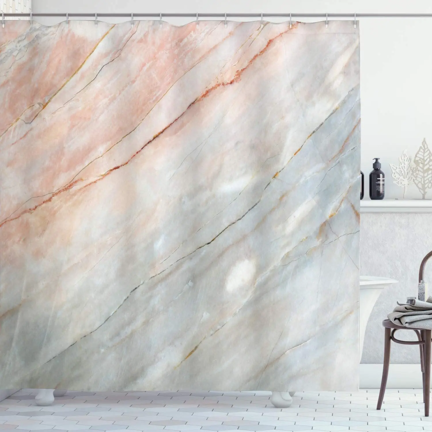

Marble Shower Curtain, Onyx Stone Textured Natural Featured Scratches Illustration, Cloth Fabric Bathroom Decor Set wi