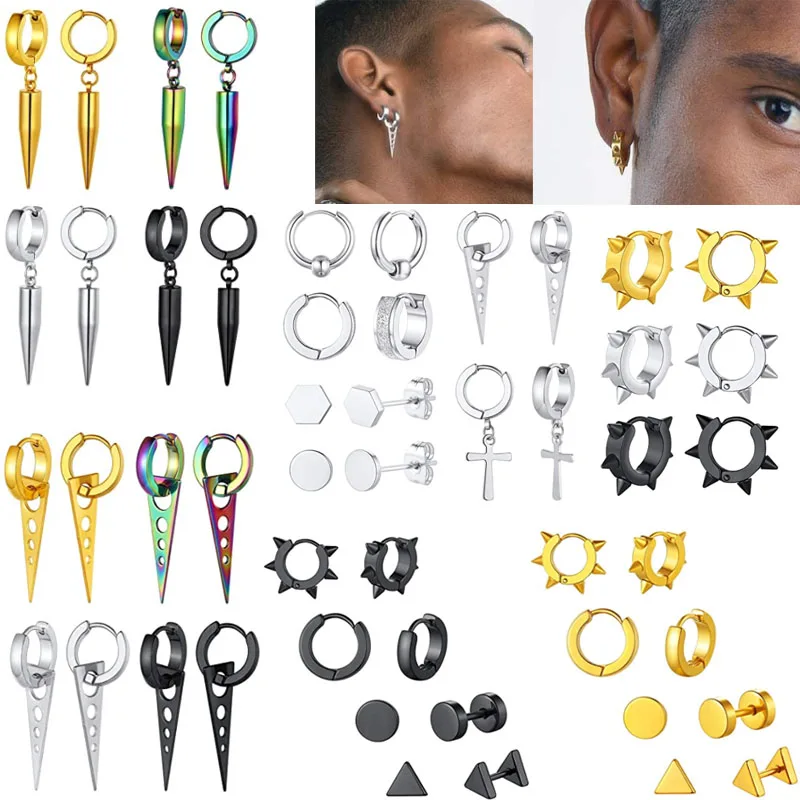 

3/4/6Pairs Stainless Steel Hinged Huggie Hoop Earrings Punk Pendant Stud Cross Pierced Earrings Set for Men and Women