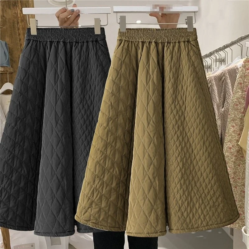 

A Line Elastic High Waist Argyle Skirts 2022 Autumn Winter Black Long Skirts for Women Big Swing Wild Casual Retro