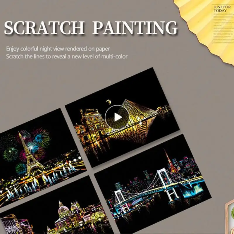 

Kids Magical Color Scratch Paper DIY Crafts Art Drawing Toy City Night Scene Rainbow Painting Kit Pad Sheet Board Kids Xmas Gift