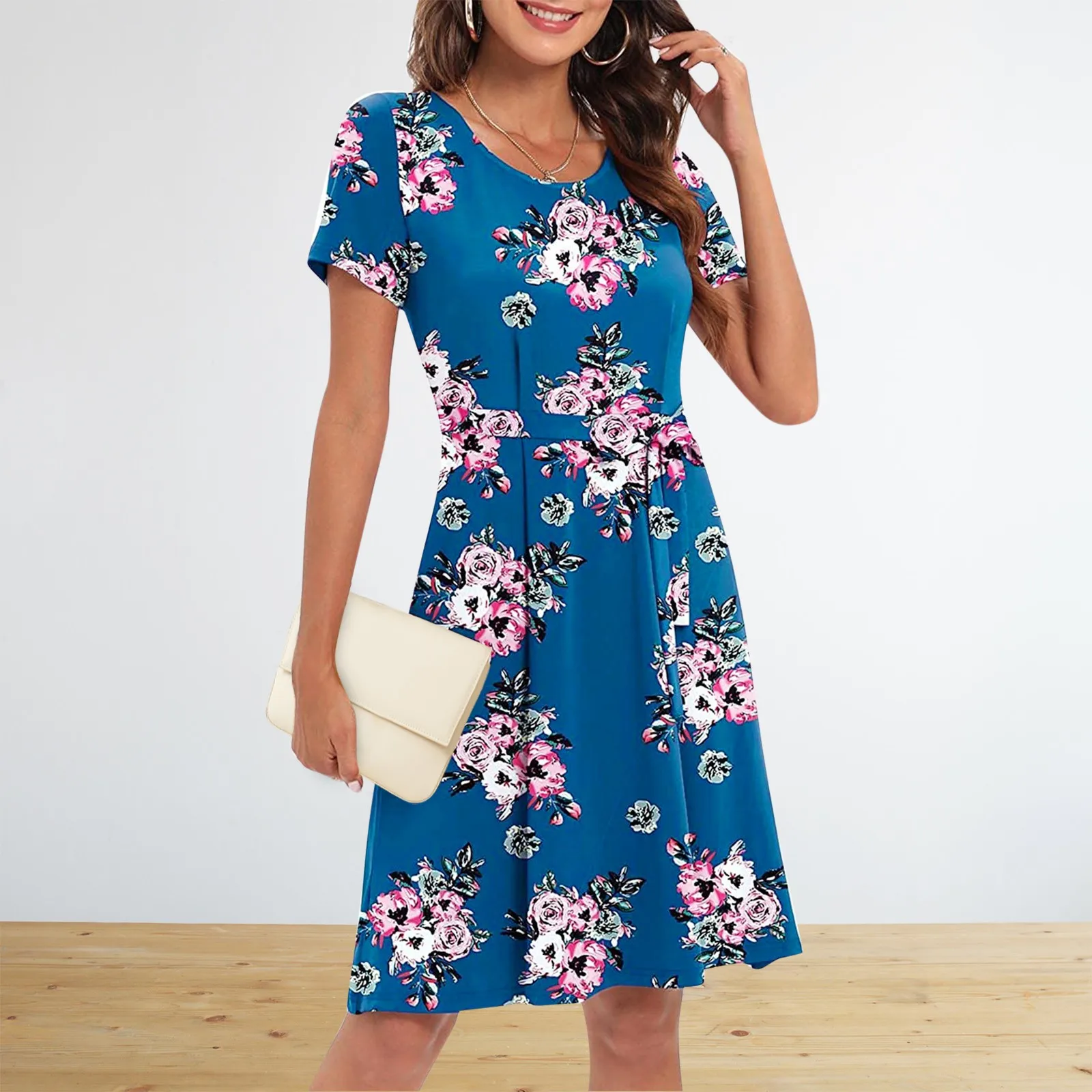 

Sweet Heart Office Lady Midi Dresses 2022 Summer Short Sleeve O-Neck A-Line Sundress For Women Flower Printing Bodycon Dress