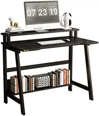 

Home Office Desk, 31.5" Desk for Small Spaces with Storage Shelf,Small Computer Desk with Monitor and Bookshelf, Modern Simp Tv