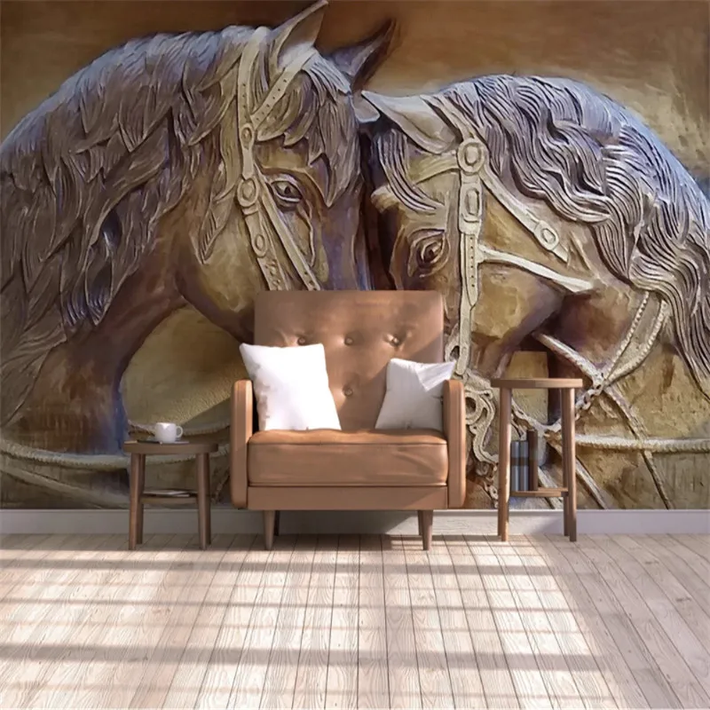 Пользовательский рельефный 3D стереоскопический обои с изображением пары лошадей для жилой комнаты и спальни, фоновая стена свадебной обоев.
