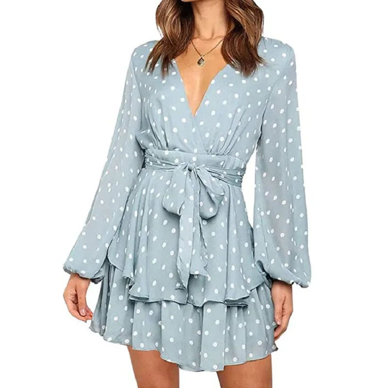 

2022 Latest Hot Sale V-neck Printed Long-sleeved Dress With Belt Lotus Leaf Skirt Short Skirt Women