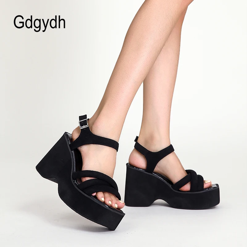 Gdgydh Adjustable Ankle Strap Wedge Sandals for Women Open Toe Platform Heels Black Flock Soft Street Footwear Female Casual