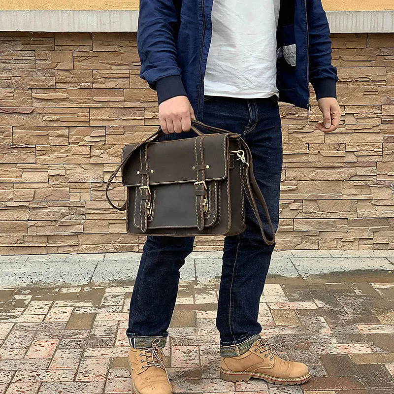 Vintage crazy horse cowhide men's briefcase business travel natural organizer genuine leather designer work laptop messenger bag