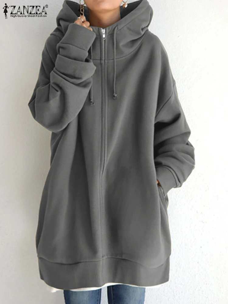 

Женская однотонная Толстовка ZANZEA 2023, элегантная толстовка с капюшоном, повседневная куртка на молнии с длинным рукавом, женская верхняя одежда, куртки оверсайз