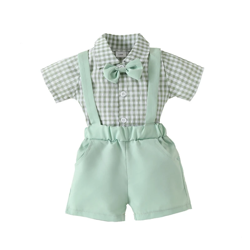Baby Boys Clothes 3-18 Months Summer Gentleman's Suit Short Sleeve Lattice Bow Tie Bodysuits+Backstrap Shorts Pants 2 Piece Set