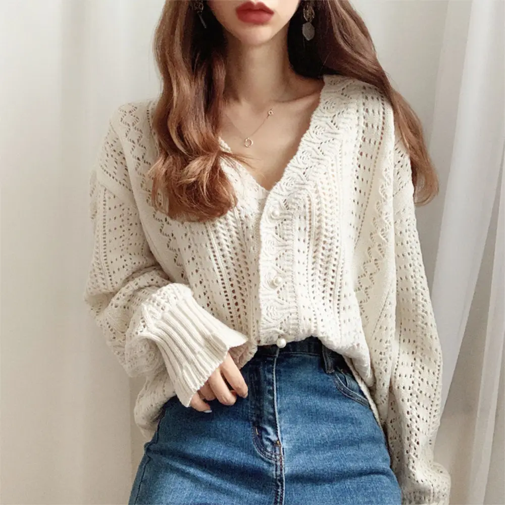 

temperament Women Cardigans Sweater New Autumn V Neck Elegant Knitted Long sleeve Hollow Out Sexy Tops Pull Femme Casual Coat