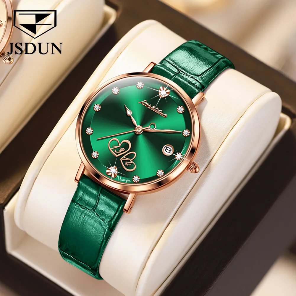 Enlarge JSDUN Fashion Imported Ladies Quartz Bracelet Leather Strap Rose Gold Diamond 50M Waterproof Wristwatch Elegant Women's Watches