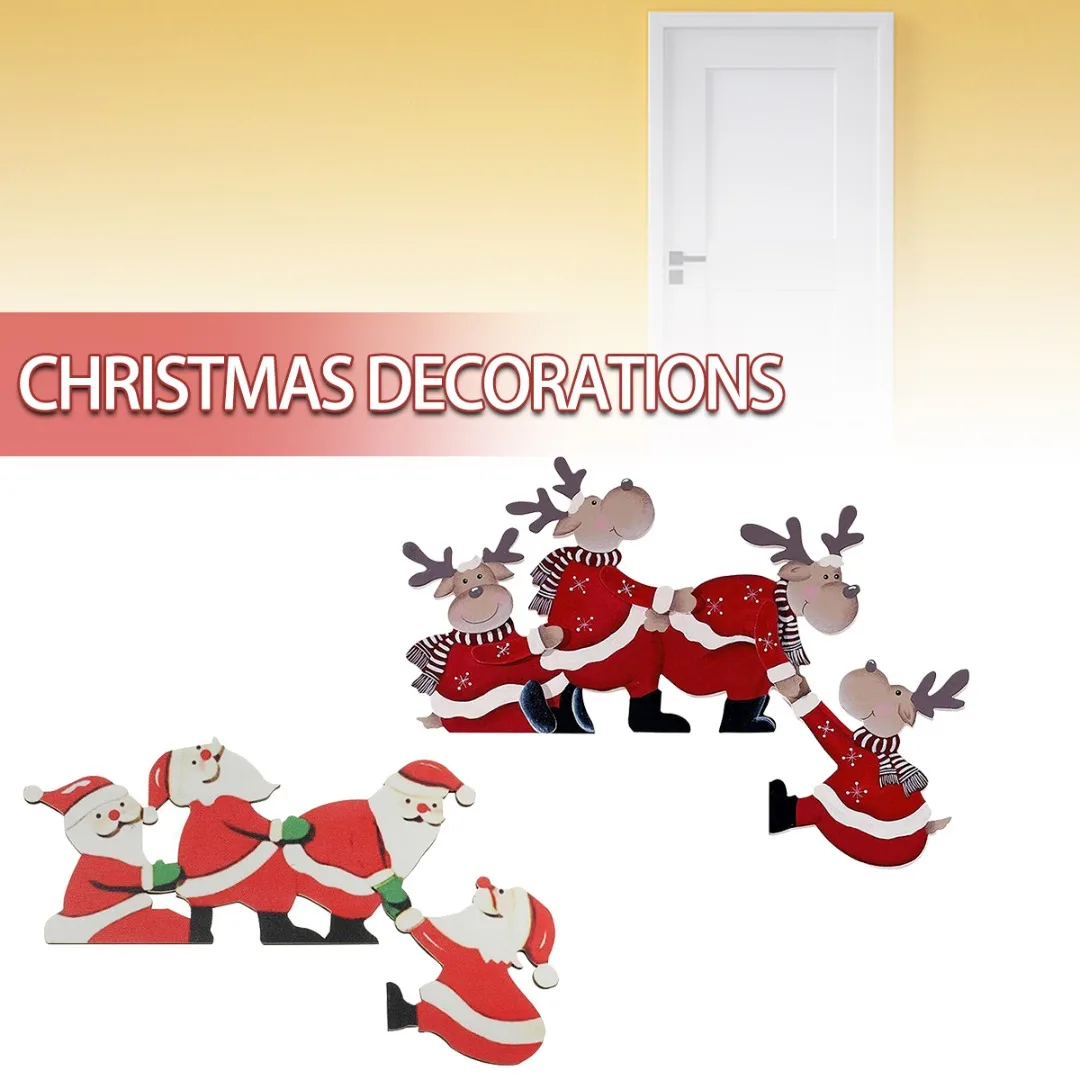 

1pc Christmas Santa Claus Elk Door Frame Decor Wooden Xmas Theme Door Corner Ornament Wood Crafts Home Wall Window Decoration