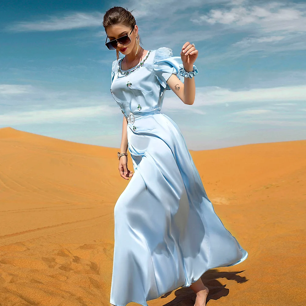 Muslim Long Dress Light Blue Satin Dress Hand Sewn Drill Muslim Style Women Festive Dress Islamic Robe National Dress Abaya Robe