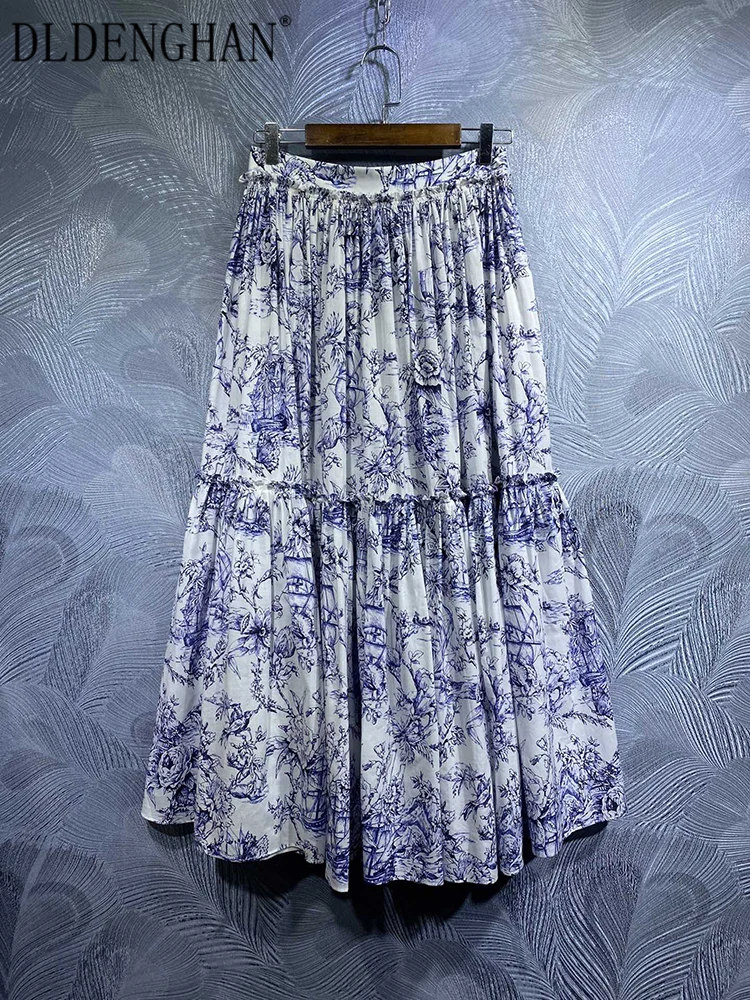 DLDENGHAN Spring Summer Women Long Skirts High Waist  Flowers Print Ruffles Vintage 100% Cotton Skirt Designer New