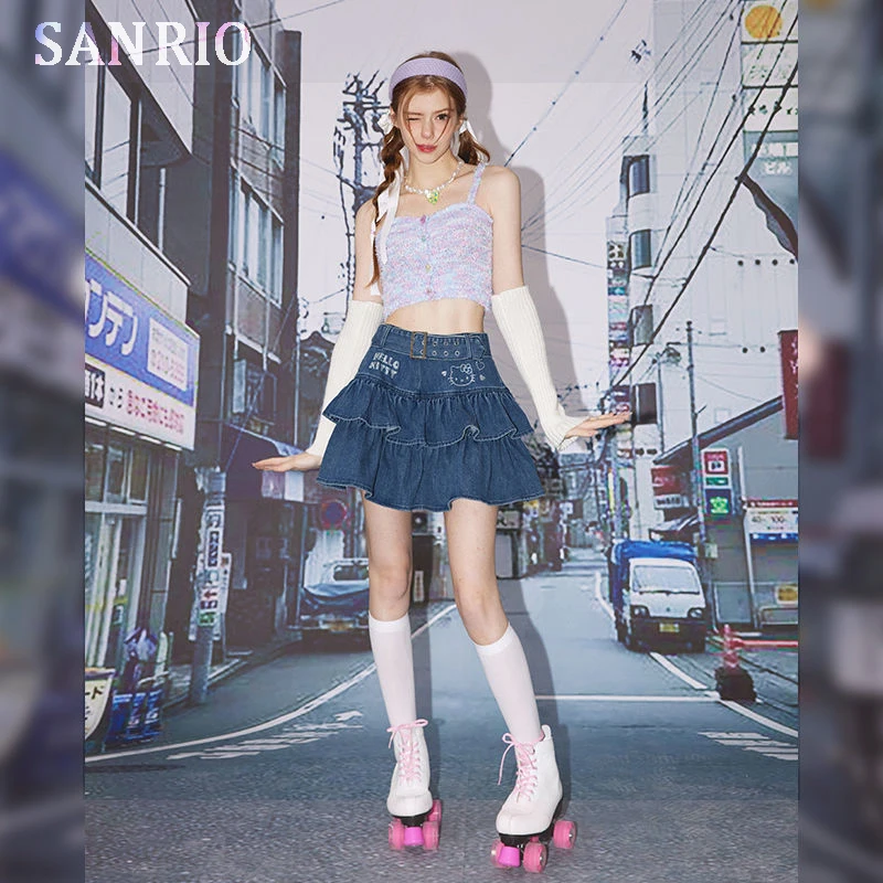 

Kawaii Sanrio Hello Kitty Denim Skirts Cute Cartoon Summer Girl Retro Ruffle Pleated Cake High Waist Short Skirts Clothing
