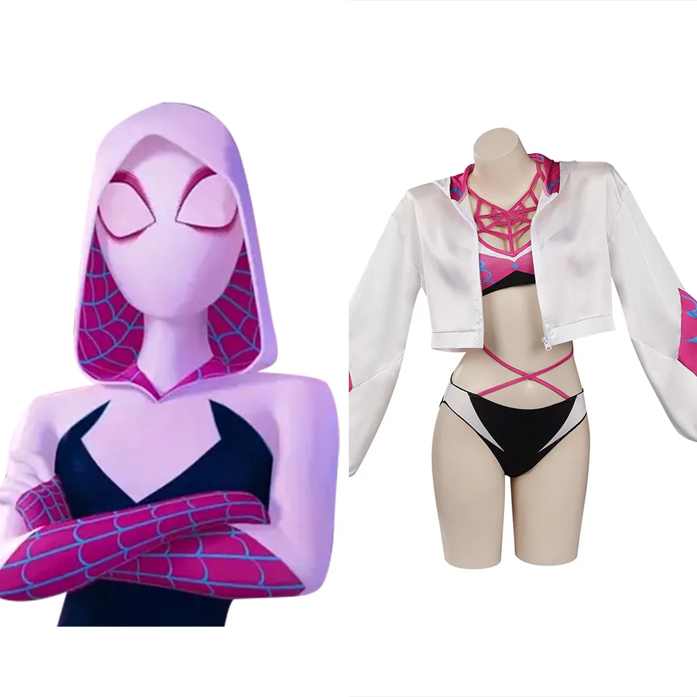 

Костюм для косплея Gwen Stacy, бикини, топ, шорты, плащ, купальник, наряды, Женский костюм на Хэллоуин, карнавал, маскировка, одежда