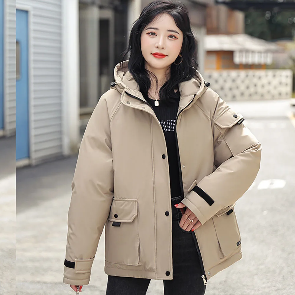 

Winter Down Jacket For Women Solid Color Hooded Cotton Coat Loose Thicken Women's Cargo Padded Coats Solid Color