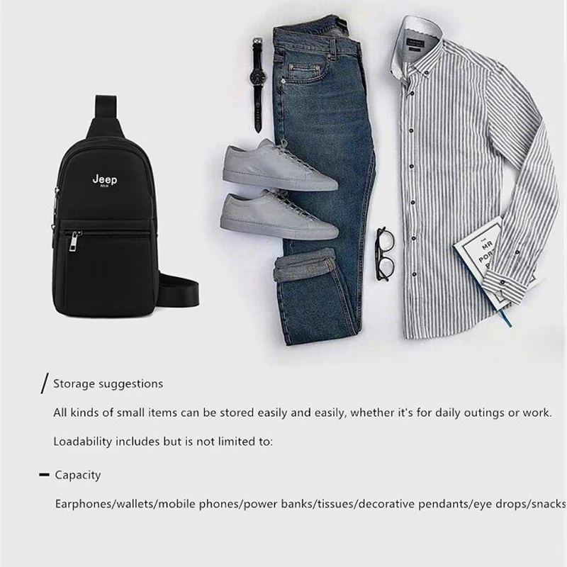 JEEP BULUO Waterproof Casual Chest Bag Male Crossbody Fashion Shoulder Trend Black Messenger Sling Travel Bag Hot Sale