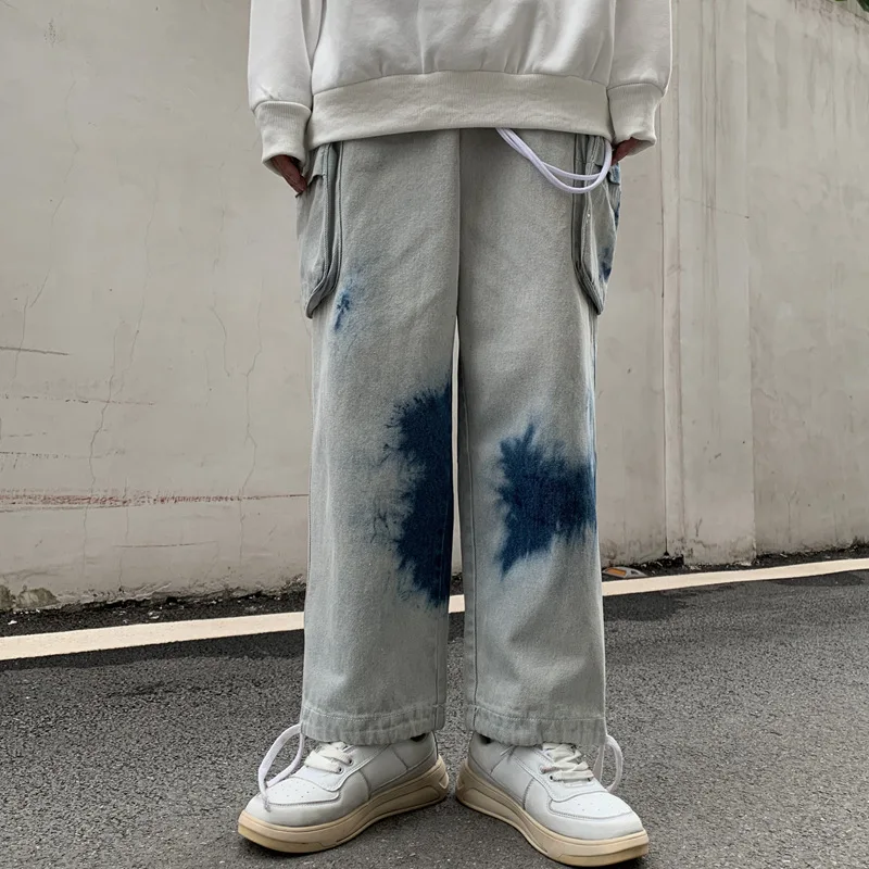 High Street Tie Dye Vintage Baggy Men Cargo Jeans Pants Y2K Side Pockets Straight Loose Hip Hop Denim Trousers Pantalon Hombre