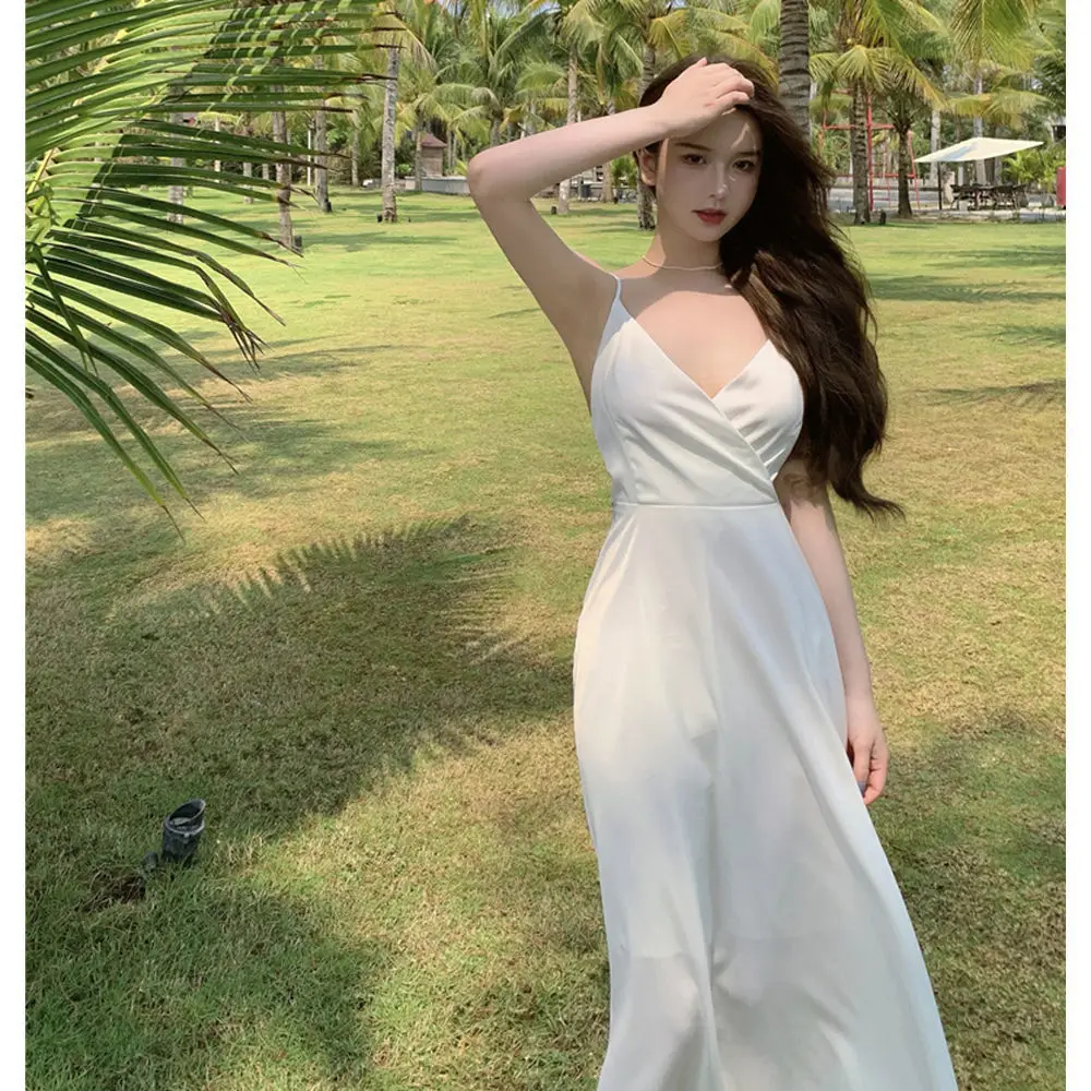 

Sexy Deep V-Neck Camisole White Elegant Dresses For Women 2022 Summer Beach Dress Bow Backless Woman Clothes Chic Free Shipping