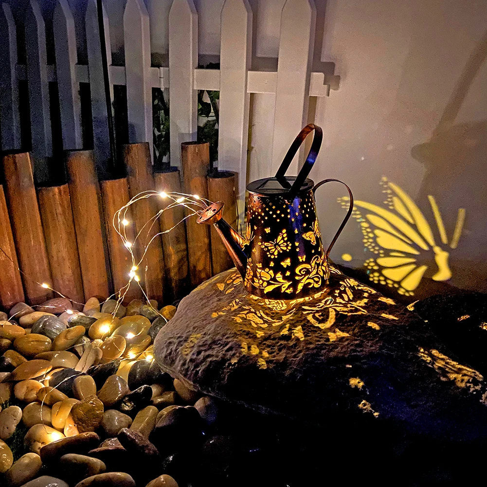 

Solar Watering Can Lights Iron Hollow Art Decorative Lamp Waterproof Outdoor Hanging Metal Waterproof Kettle Lanterns for Garden