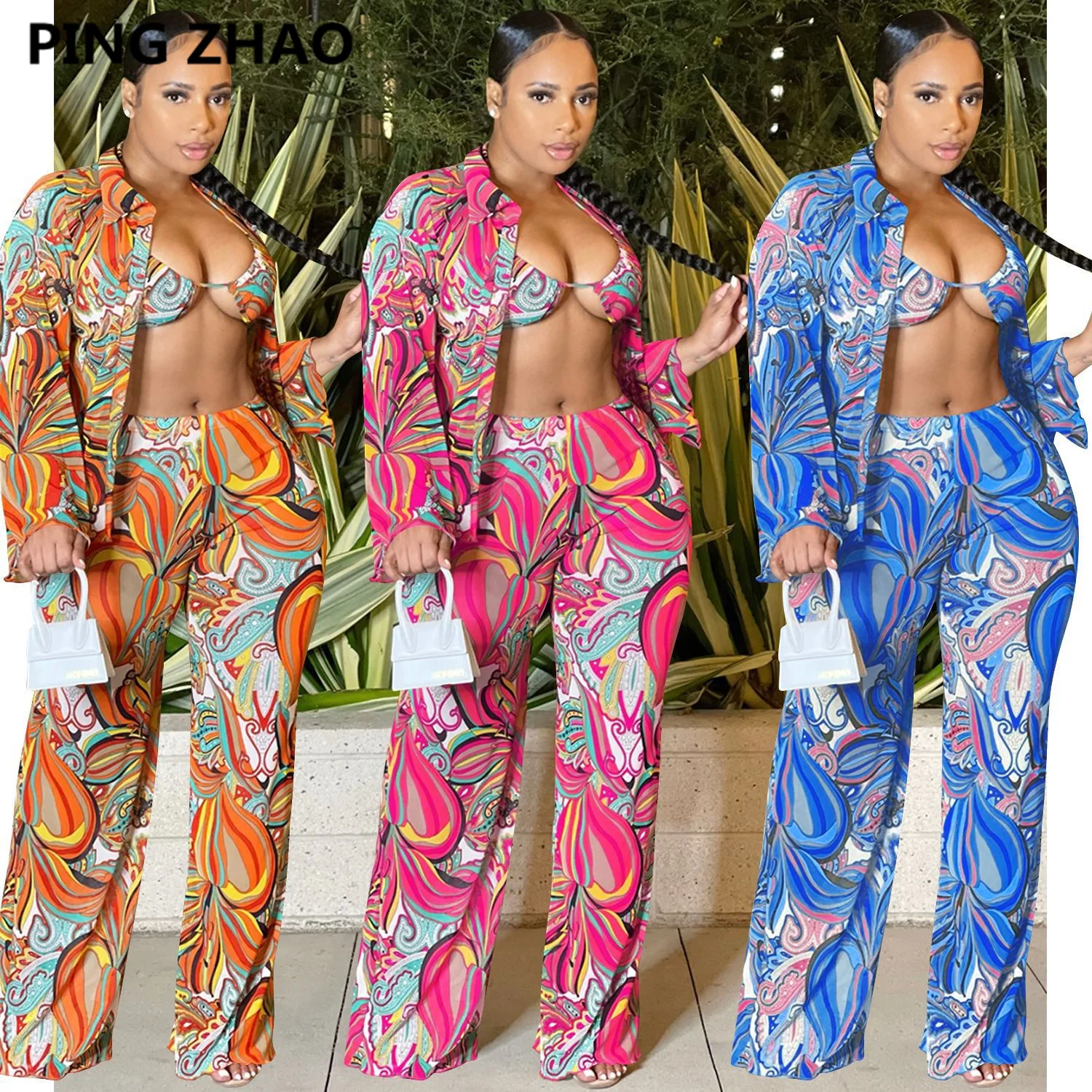 

PING ZHAO Elegant Sexy Three Piece Set Outfits for Women Print Sheer Shirt with Bra and Mesh Wide Leg Trouser Suit