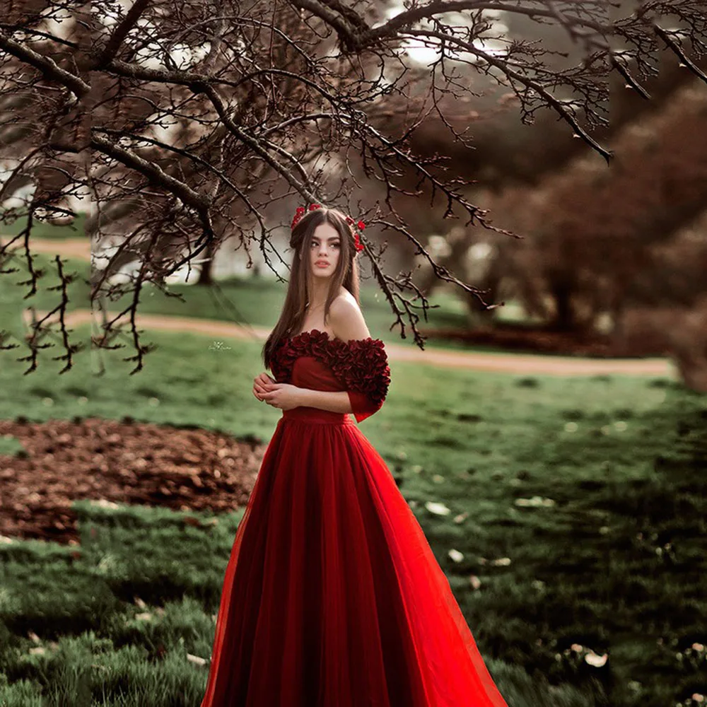 

YALIN Simple Off The Shoulder Homecoming Dresses Floor Length Hand-Made 3D Flowers Princess Evening Gown Red Tulle Prom Dress