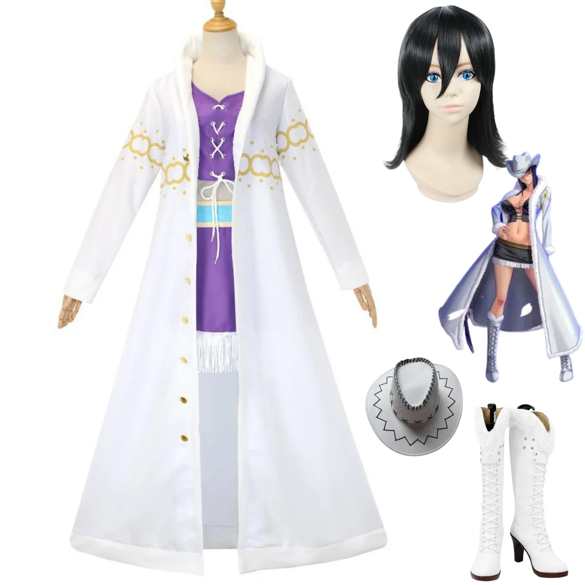 Аниме Нико · Робин Косплей Костюм Мисс Все нелье Парик Большой Меховой Воротник