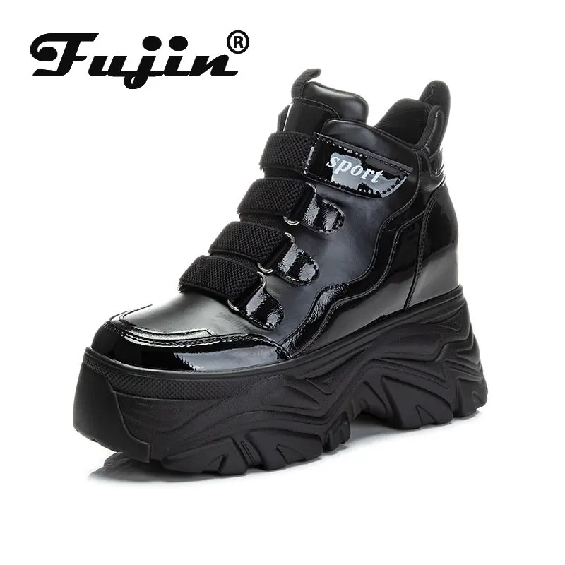 

Fujin 8cm Down Genuine Leather Ankle Booties High Top Women Shoes Platform Boots Wedge Autumn Spring Hook Shoes Chunky Sneakers